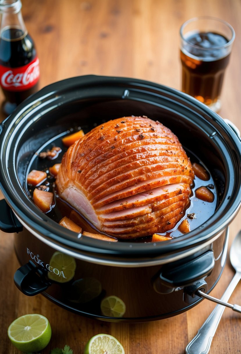 A small ham simmering in a crock pot filled with cola and spices