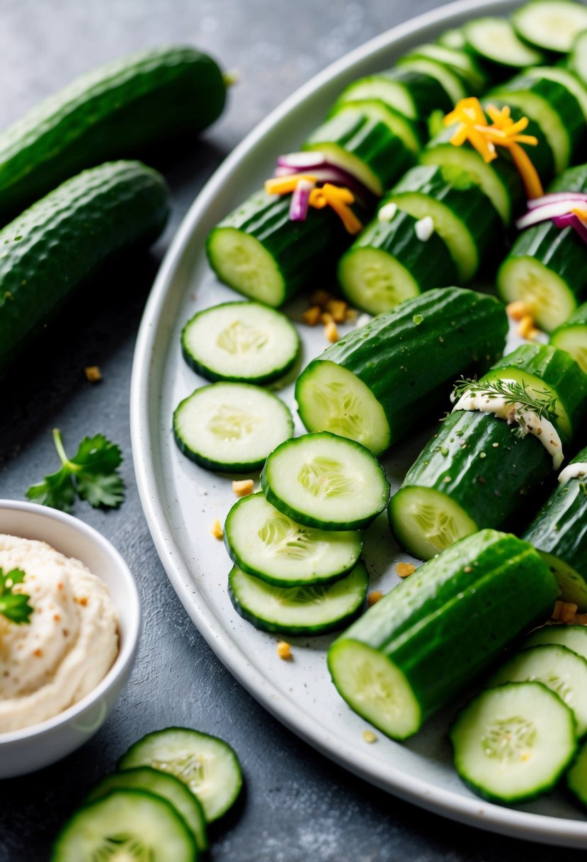 Fresh cucumbers, sliced and arranged on a platter with various toppings and garnishes. A bowl of dip sits beside the platter