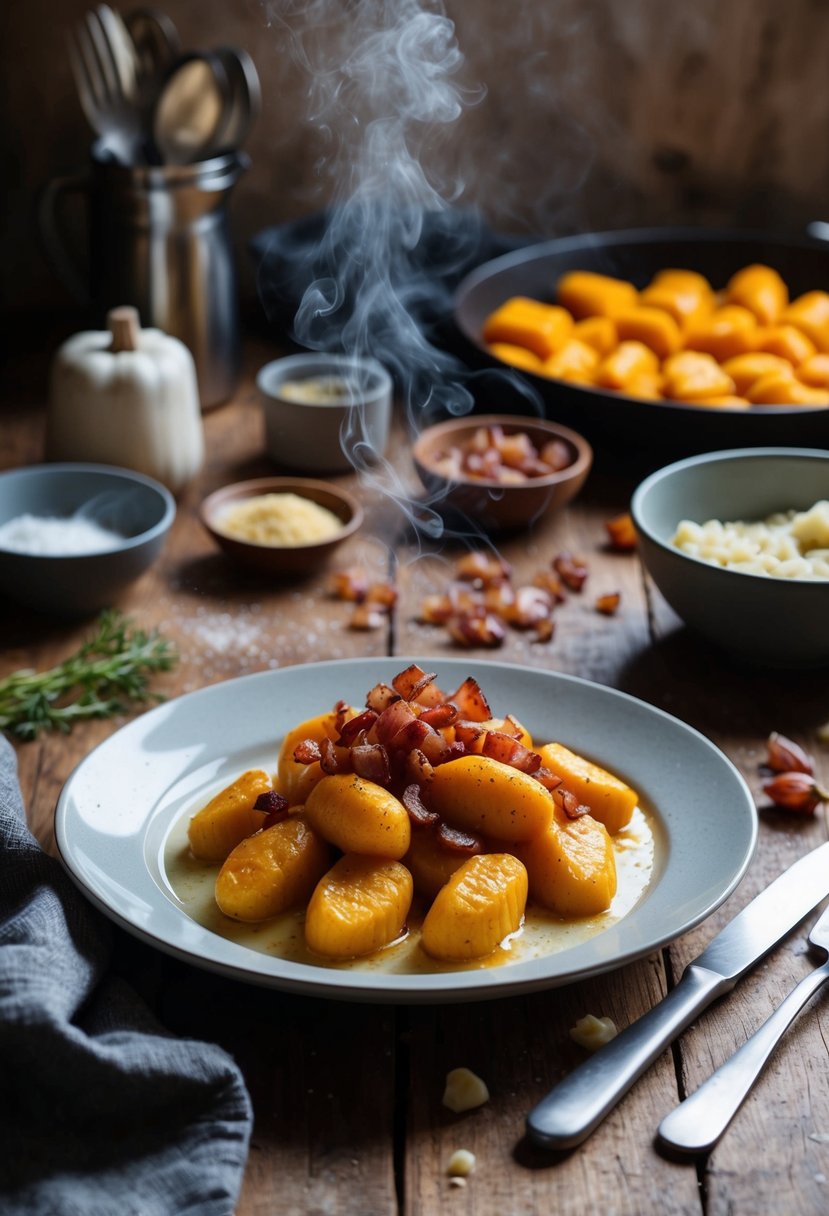 A rustic kitchen table set with a steaming plate of pumpkin gnocchi topped with crispy pancetta, surrounded by scattered ingredients and cooking utensils