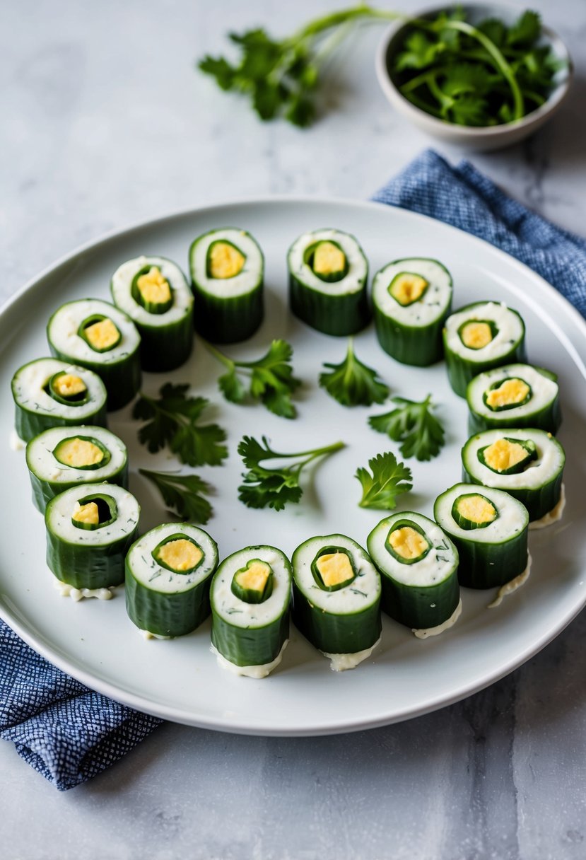 A plate of cucumber and cream cheese roll-ups arranged in a circular pattern with a garnish of fresh herbs on a white serving platter