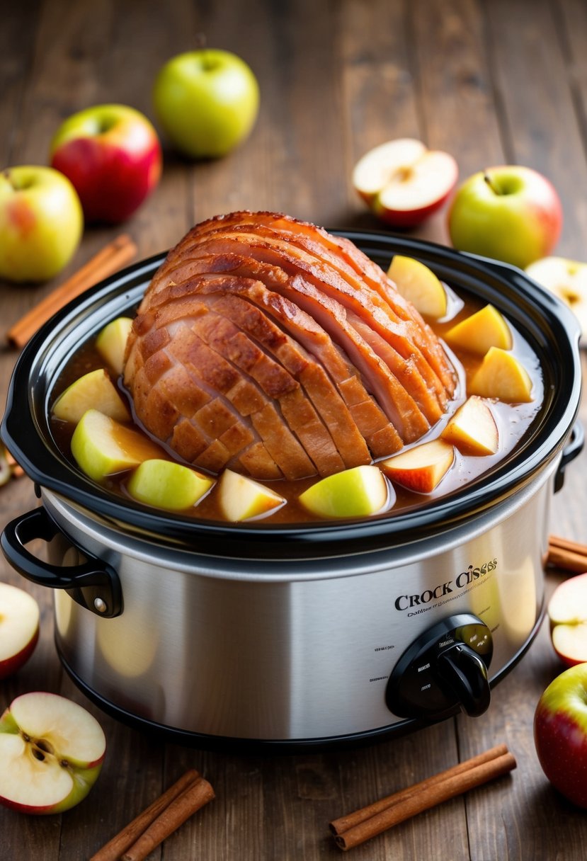 A crock pot overflowing with apple cider ham surrounded by small apple slices and cinnamon sticks