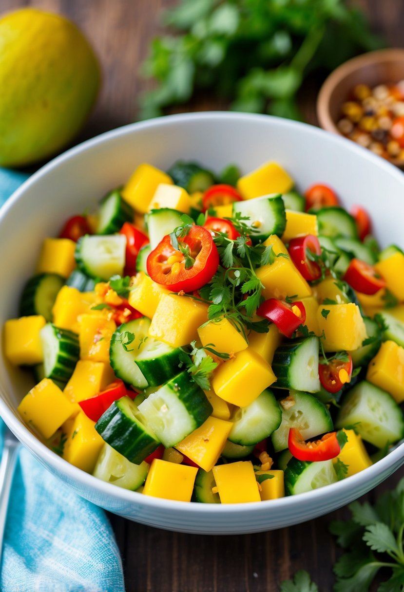 A vibrant bowl of diced cucumber and mango mixed with spicy peppers and herbs, ready to be served as a refreshing appetizer