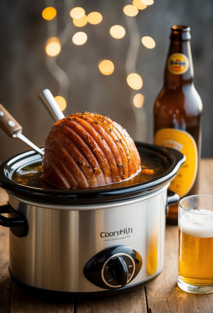 A small ham simmering in a crock pot filled with beer and aromatic spices