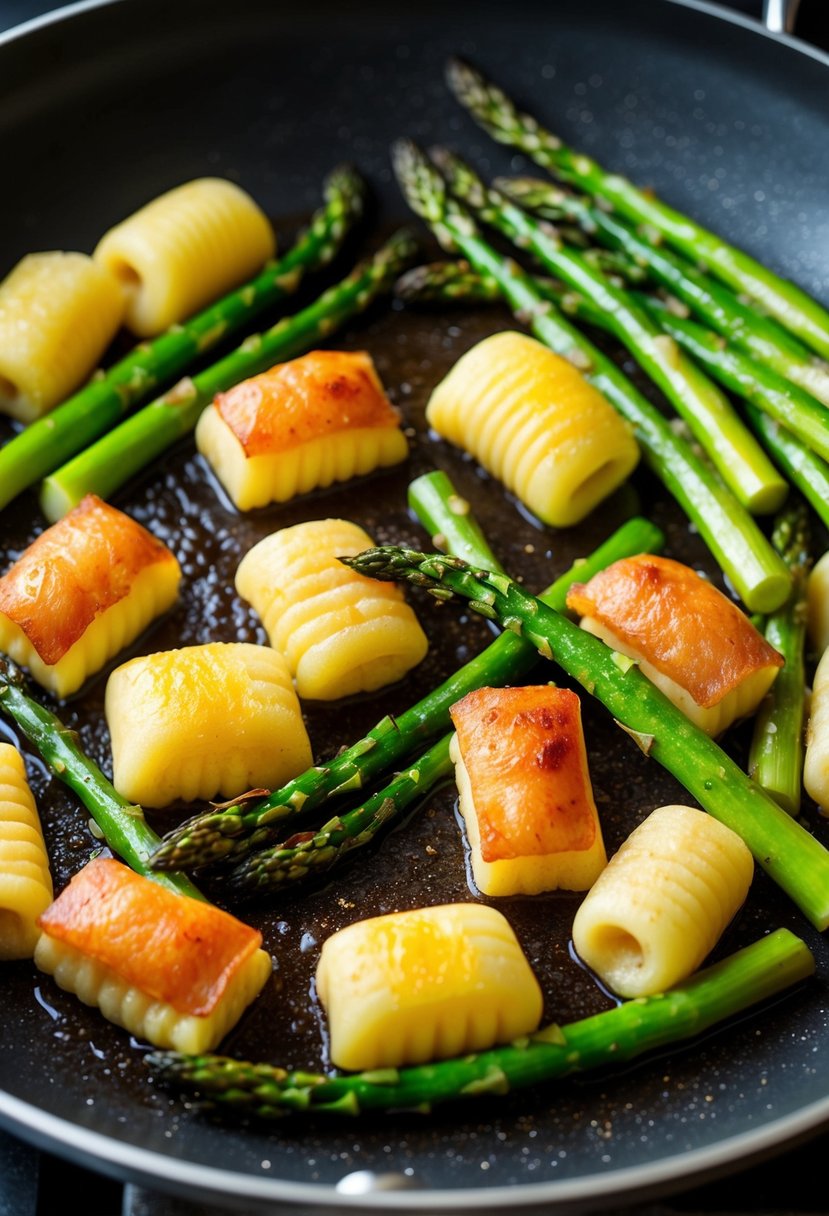 A pan sizzling with golden-brown pancetta, tender lemon-infused gnocchi, and vibrant green asparagus cooking together