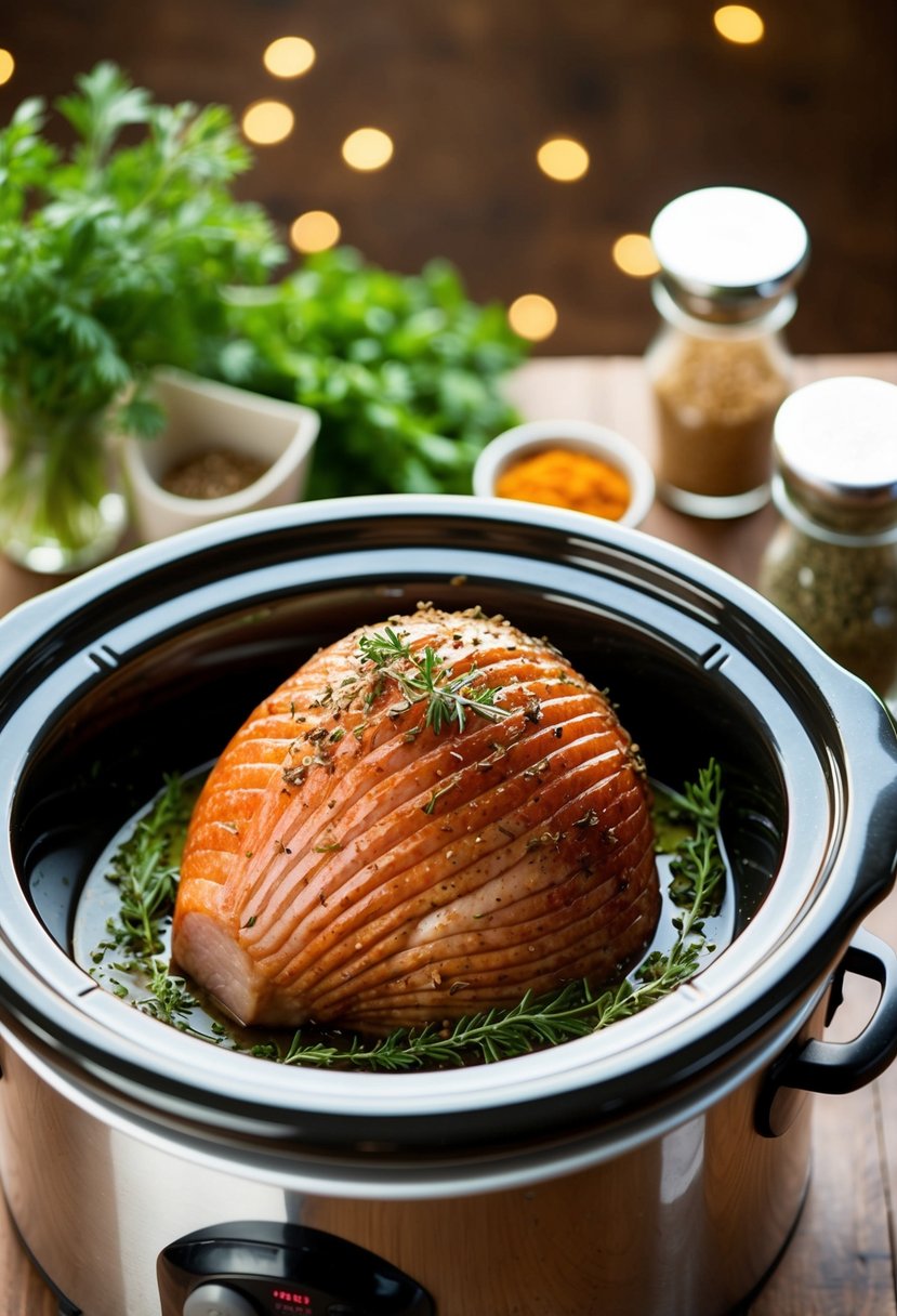 A small ham surrounded by herbs and spices inside a crock pot