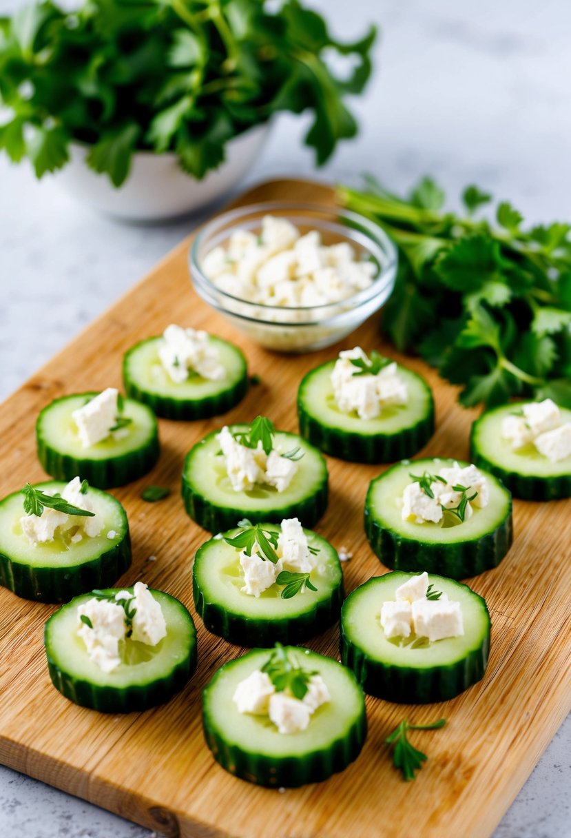 A wooden cutting board with sliced cucumbers, crumbled feta, and fresh herbs arranged for assembling cucumber feta bites