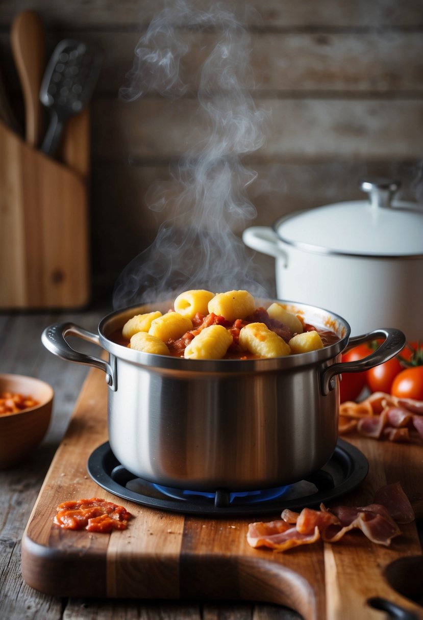 A rustic kitchen with a steaming pot of gnocchi, sizzling pancetta, and simmering tomato sauce on a wooden countertop