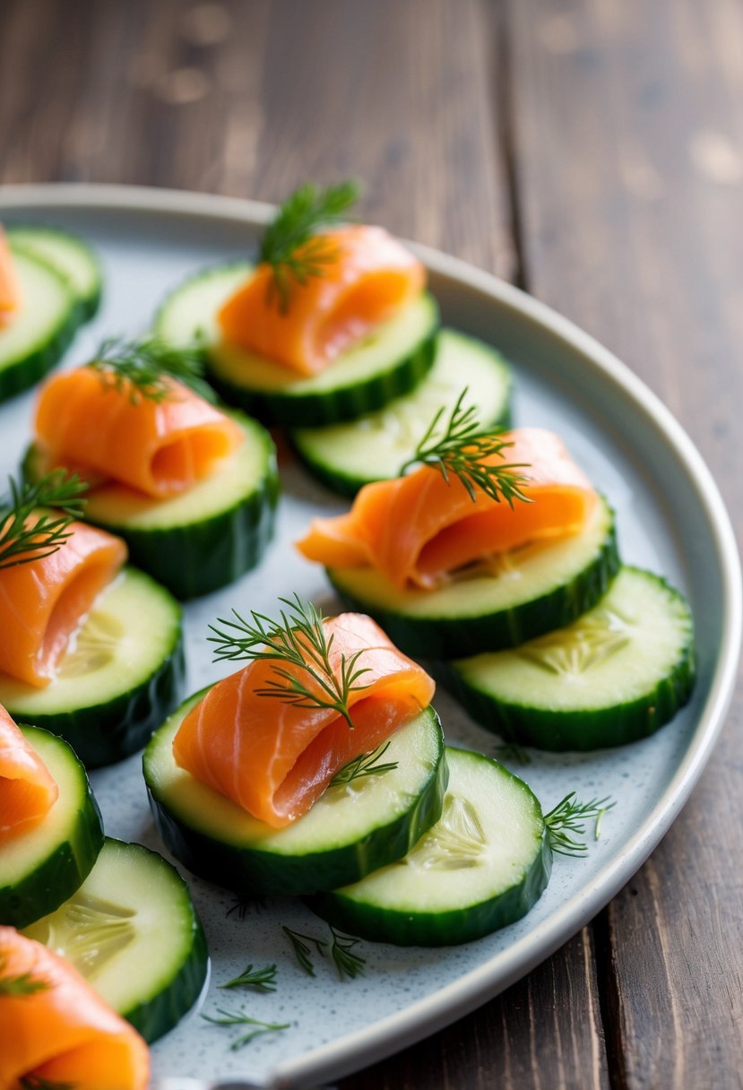 Sliced cucumbers topped with smoked salmon and garnished with dill on a serving platter