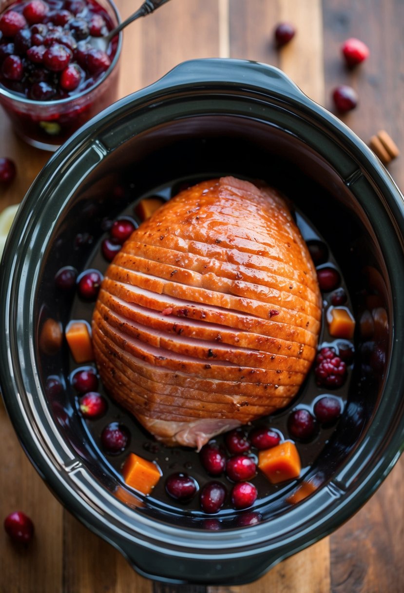 A small ham simmering in a crock pot, surrounded by a spiced cranberry sauce