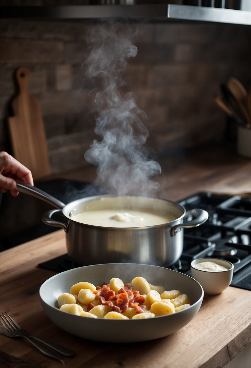 A rustic kitchen with a steaming pot of gnocchi, sizzling pancetta, and a creamy parmesan sauce being prepared on a wooden countertop