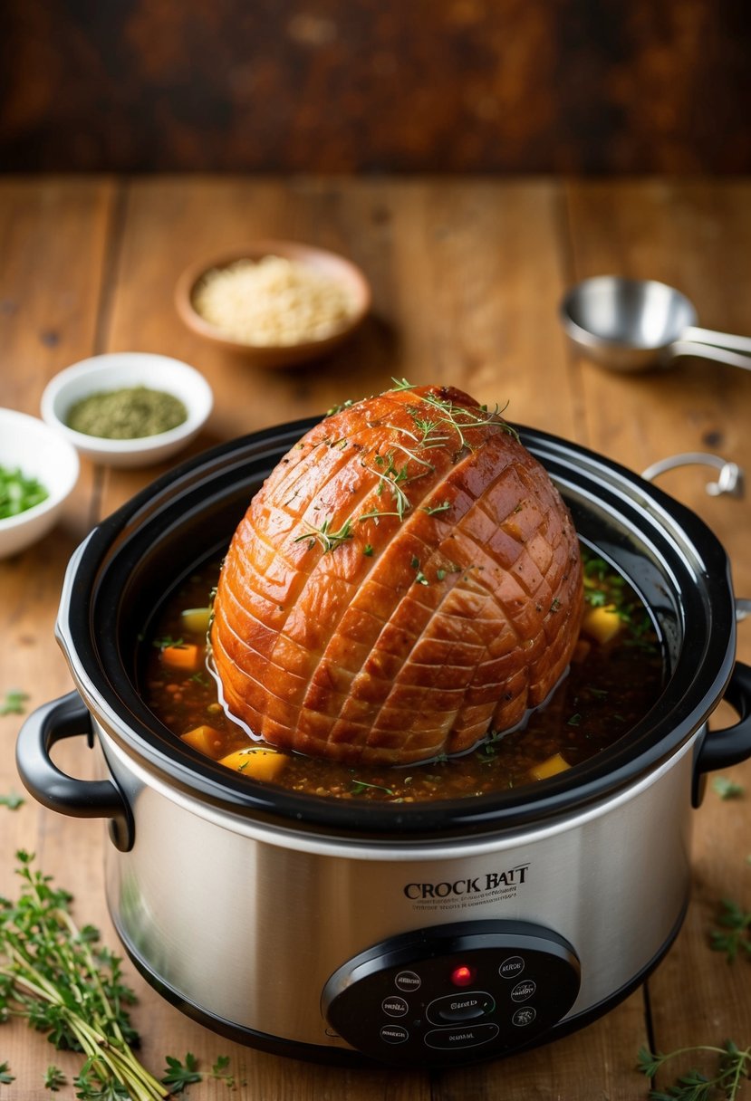 A small ham simmering in a crock pot with savory herbs scattered around