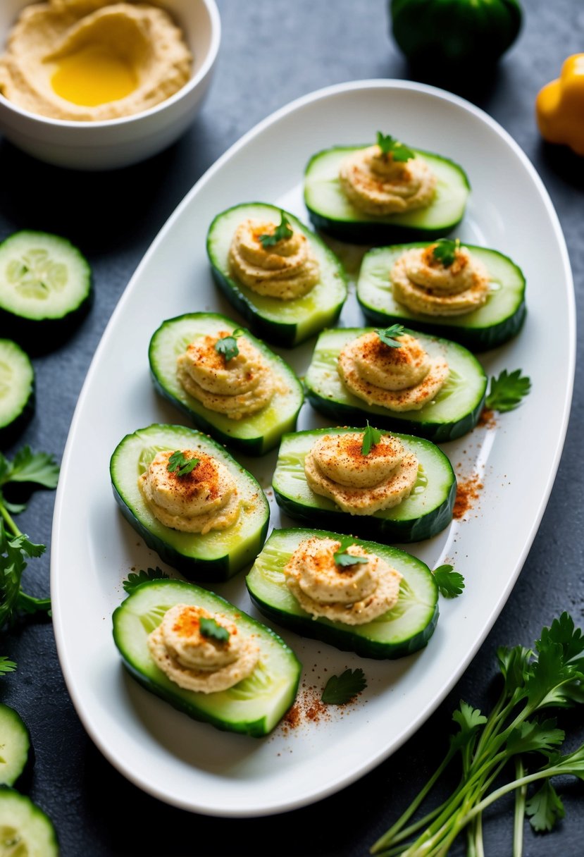 Sliced cucumbers filled with hummus, arranged on a white serving platter with a sprinkle of paprika and fresh herbs