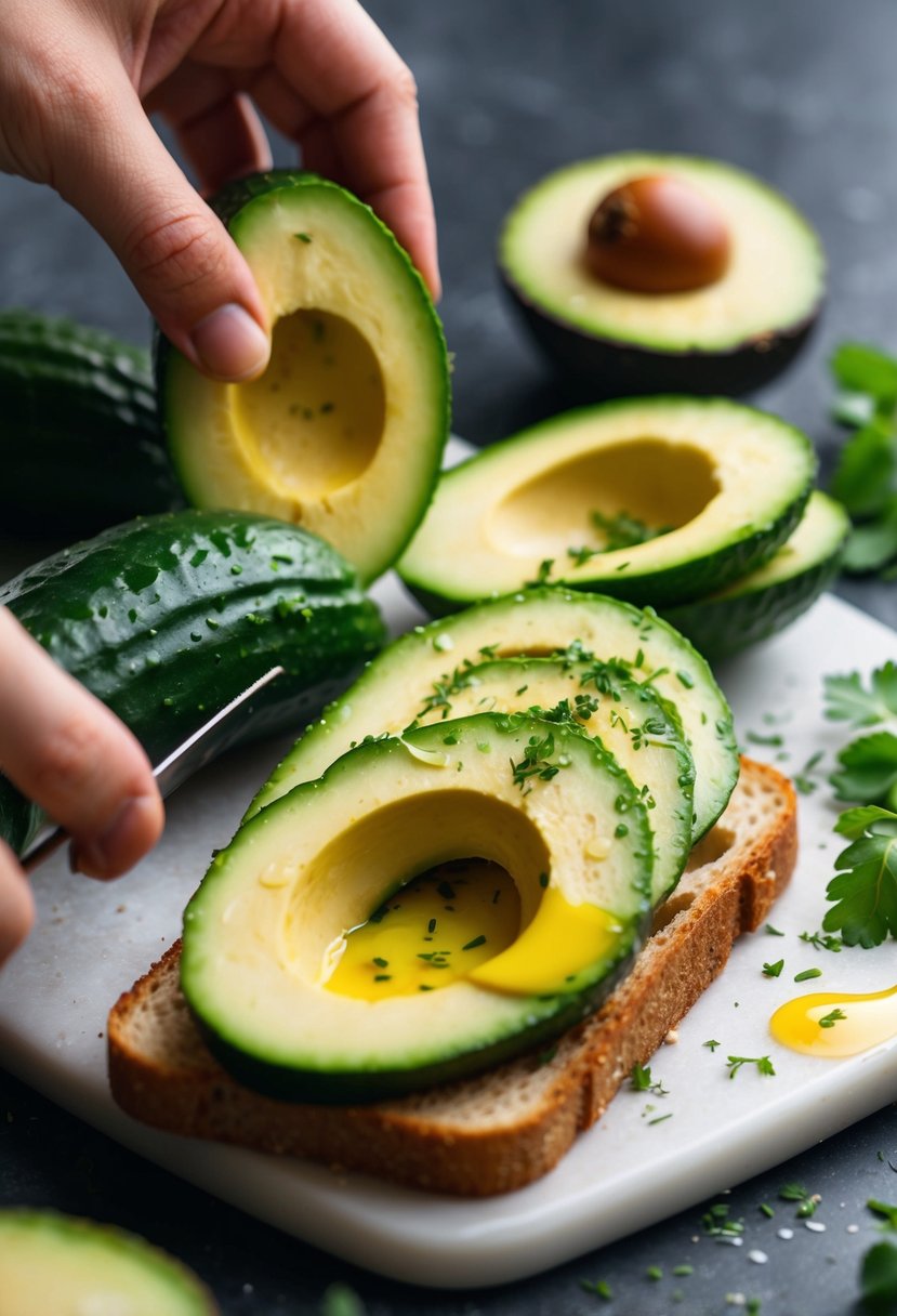 Fresh cucumbers and ripe avocados are being sliced and arranged on toasted bread, with a drizzle of olive oil and a sprinkle of herbs