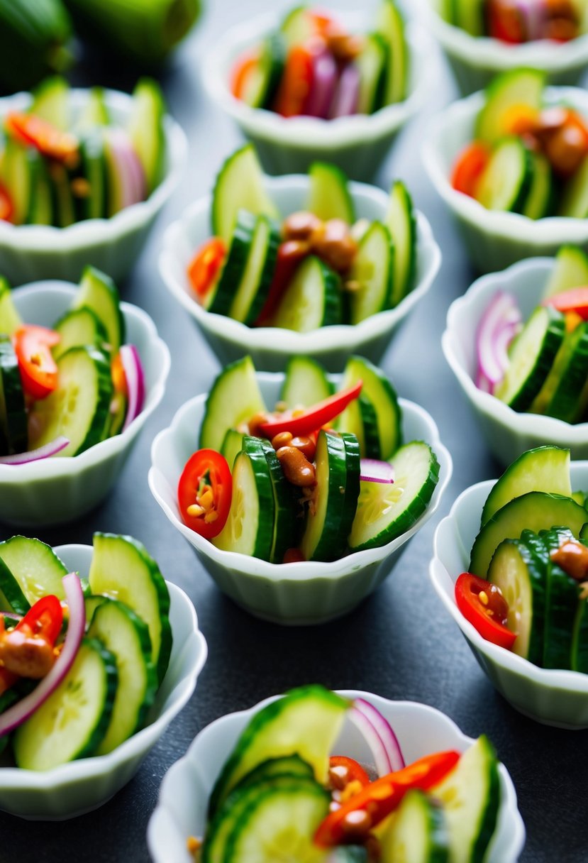 A vibrant array of thinly sliced cucumbers, mixed with red onion, chili, and a tangy dressing, arranged in delicate cups