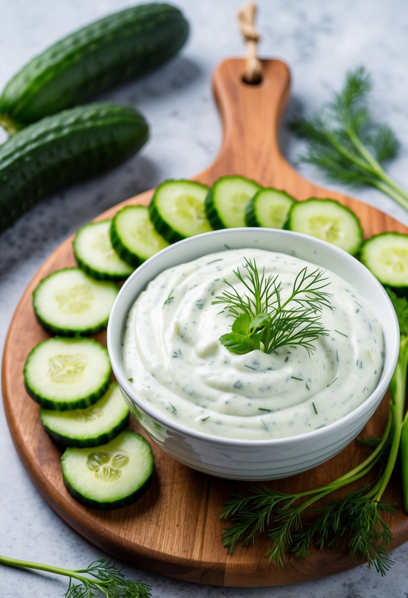 A bowl of creamy cucumber yogurt dip surrounded by fresh cucumber slices and dill sprigs on a wooden serving board