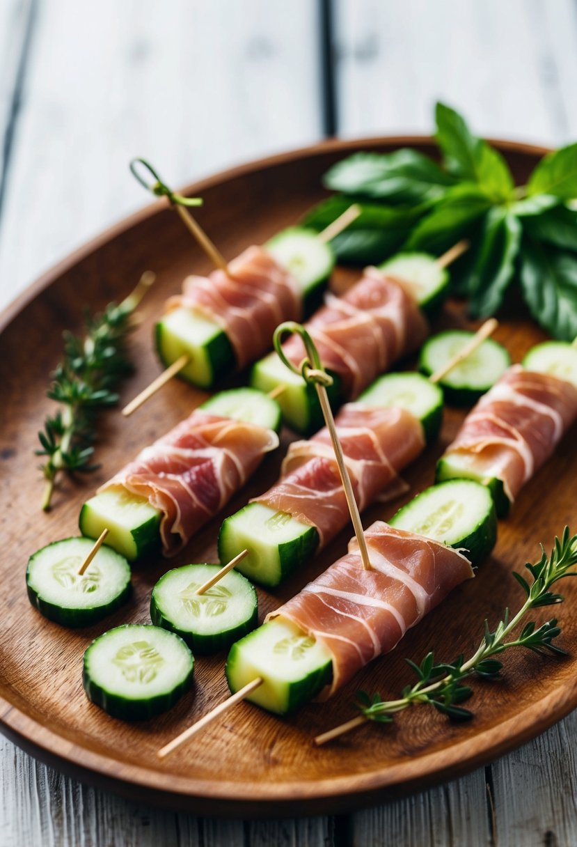 Fresh cucumber slices wrapped in thin prosciutto, skewered with toothpicks, arranged on a wooden platter with a sprig of fresh herbs