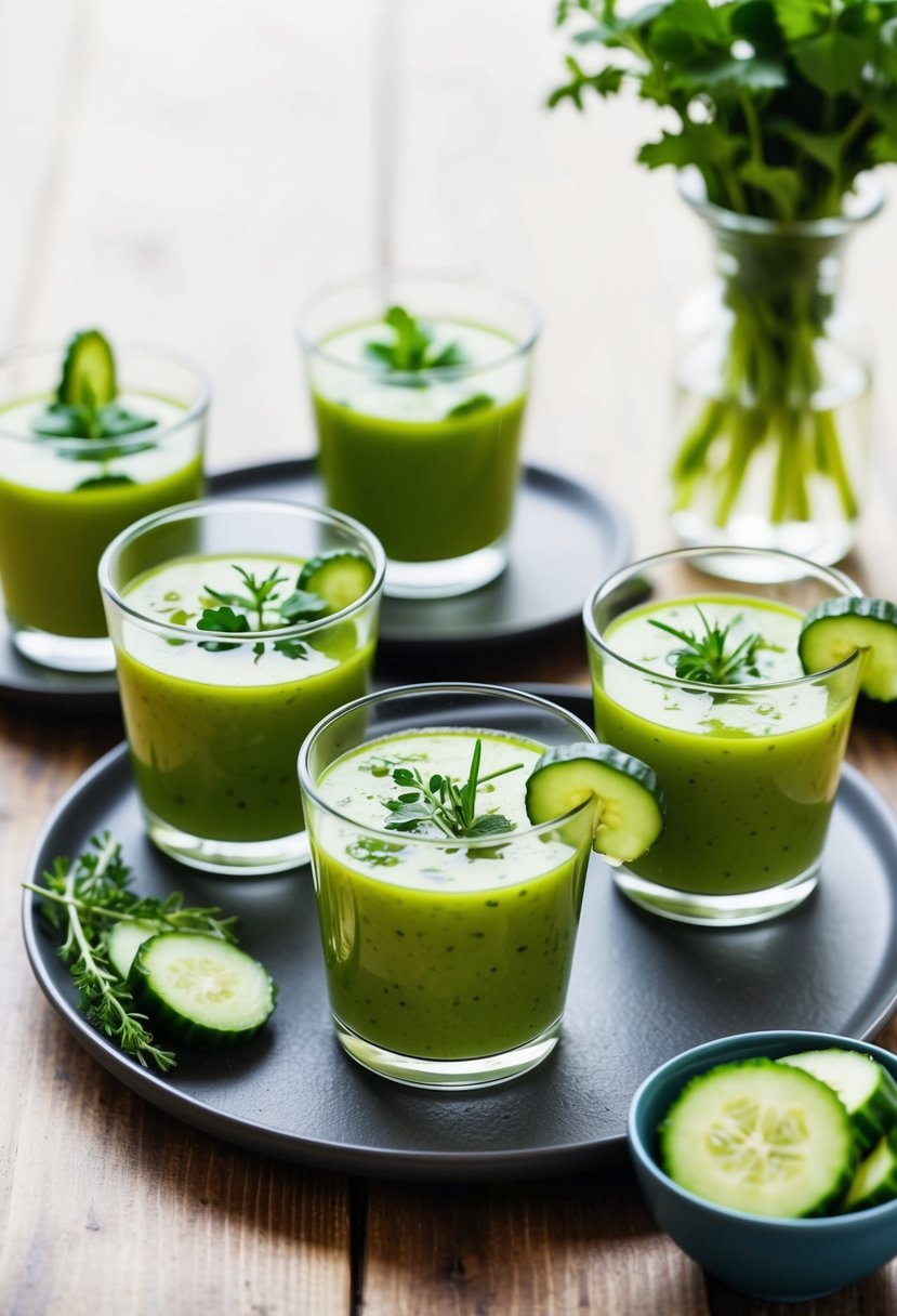 A table set with small glasses filled with vibrant green cucumber gazpacho, garnished with fresh herbs and a slice of cucumber