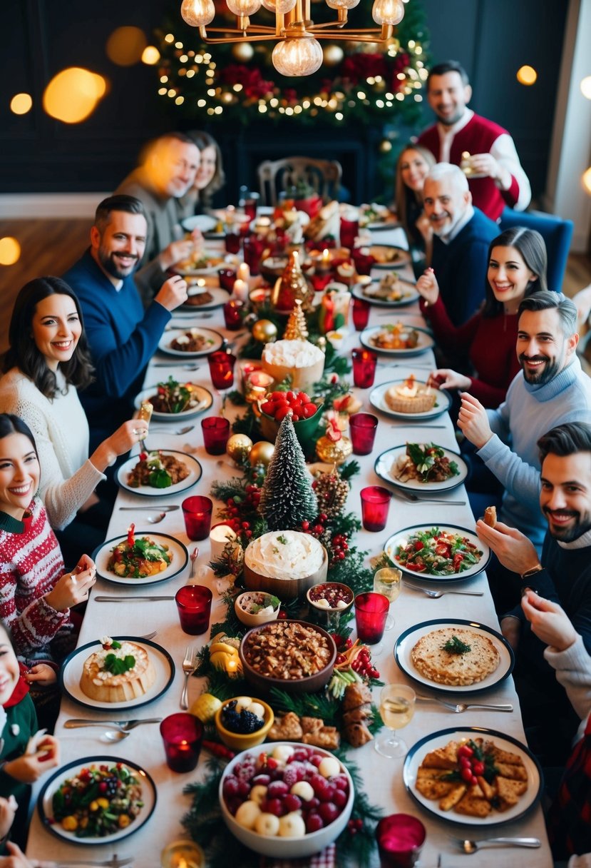 A festive table filled with an array of holiday dishes and desserts, surrounded by a joyful crowd of friends and family enjoying the Christmas feast