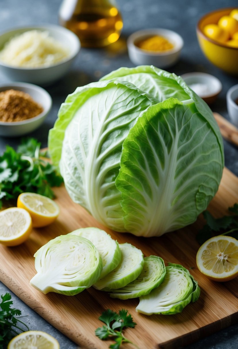 A head of cabbage, sliced and arranged on a cutting board with various ingredients surrounding it