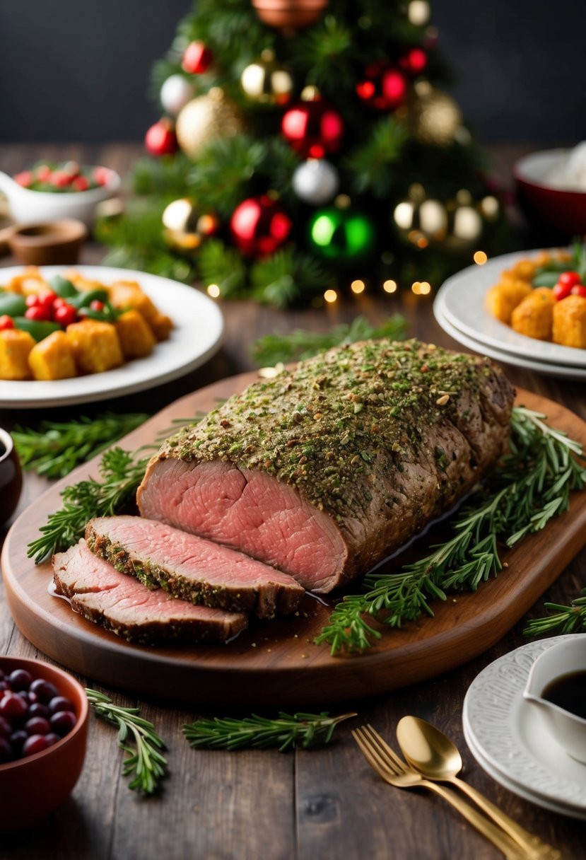 A succulent herb-crusted beef tenderloin surrounded by festive holiday decorations and serving dishes, ready to be enjoyed by a large group of people