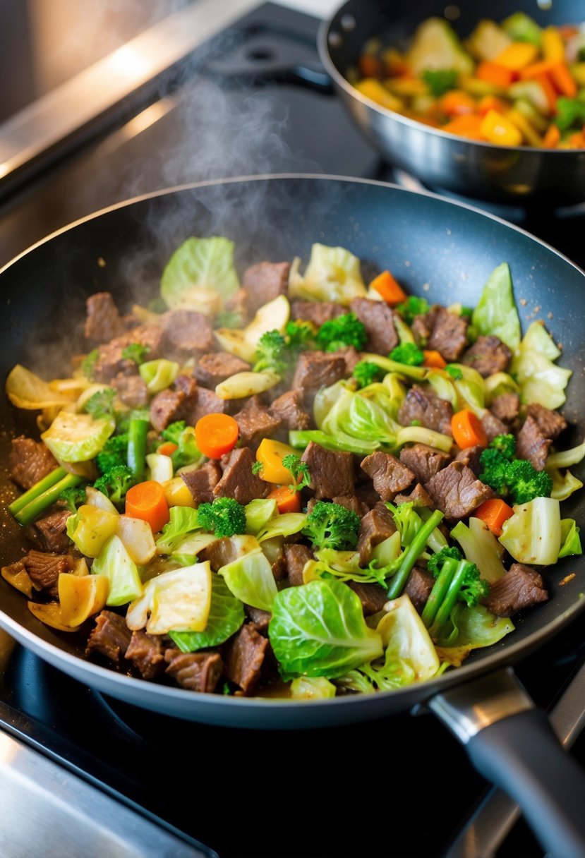 A sizzling pan filled with colorful cabbage, beef, and assorted vegetables being stir-fried over a hot stove