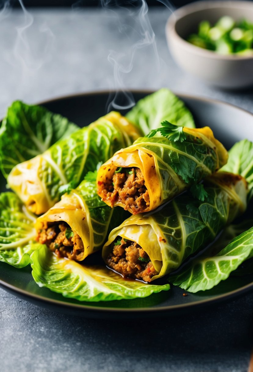 A steaming plate of spicy cabbage rolls with vibrant green cabbage leaves and flavorful filling