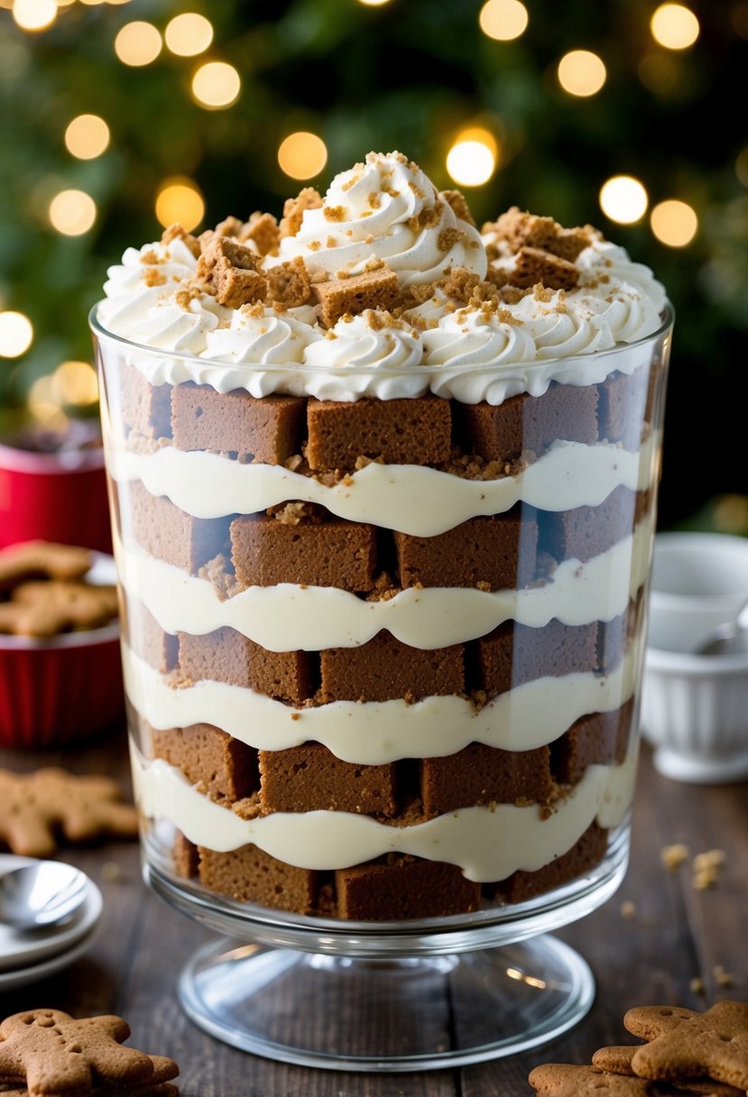 A festive trifle with layers of gingerbread, creamy filling, and topped with whipped cream and gingerbread crumbles