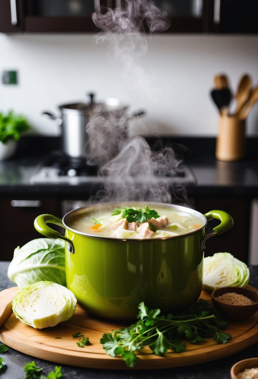 A steaming pot of cabbage chicken soup surrounded by fresh cabbage and other ingredients on a kitchen counter