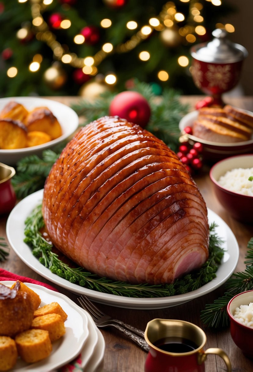 A succulent ham glistening with a maple glaze, surrounded by festive decorations and serving dishes, ready to be enjoyed by a crowd