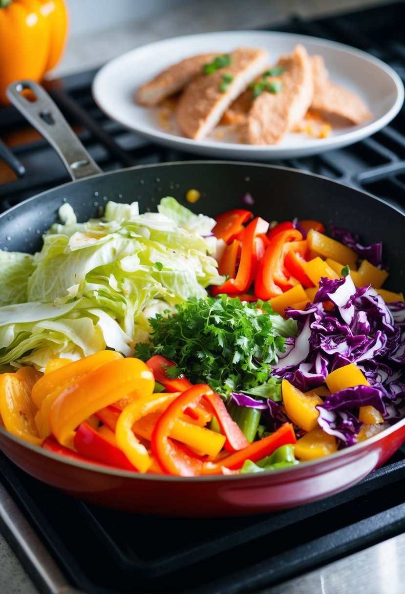 A colorful skillet filled with chopped cabbage, bell peppers, and lean protein cooking on a stovetop