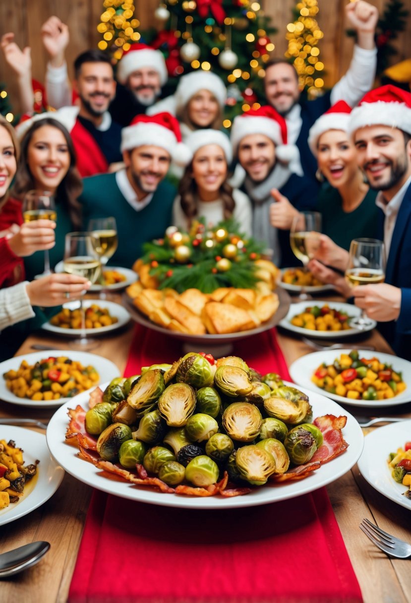 A festive table filled with a large platter of roasted Brussels sprouts and bacon, surrounded by a joyful crowd of people celebrating Christmas