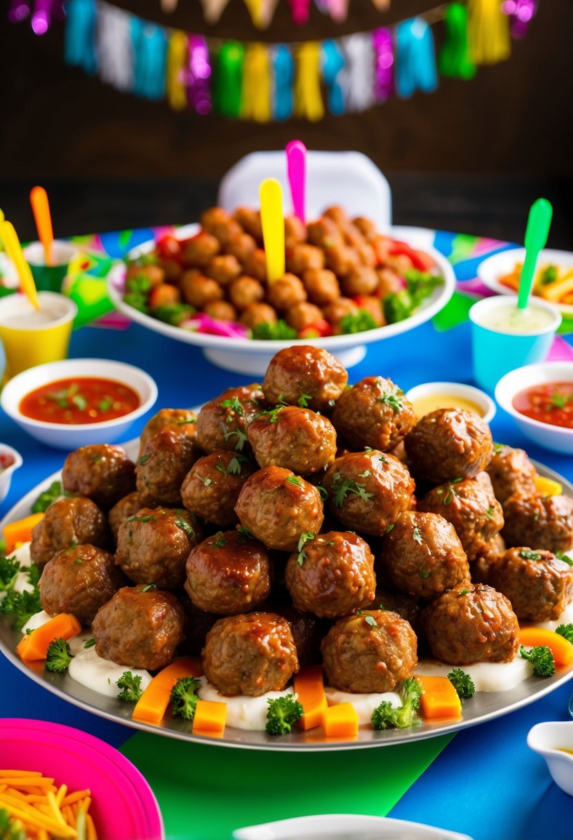 A large platter of meatballs, surrounded by colorful garnishes and dipping sauces, sits on a festive table with party decorations