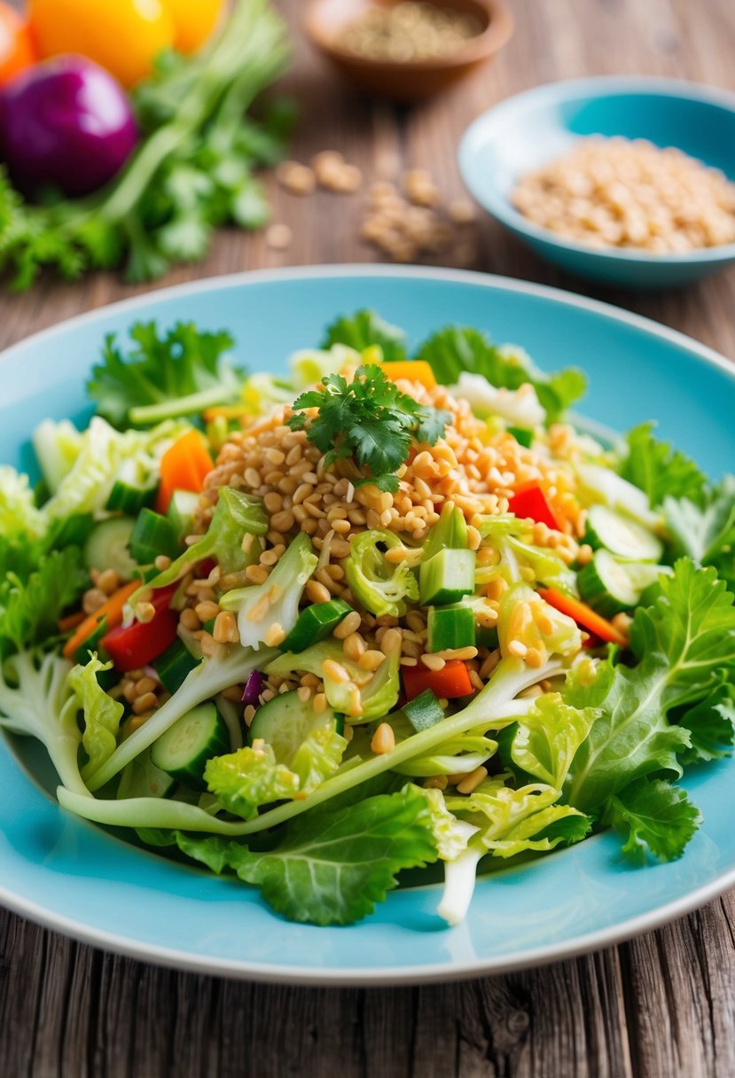 A colorful Asian cabbage salad with various vegetables and lean protein arranged on a plate