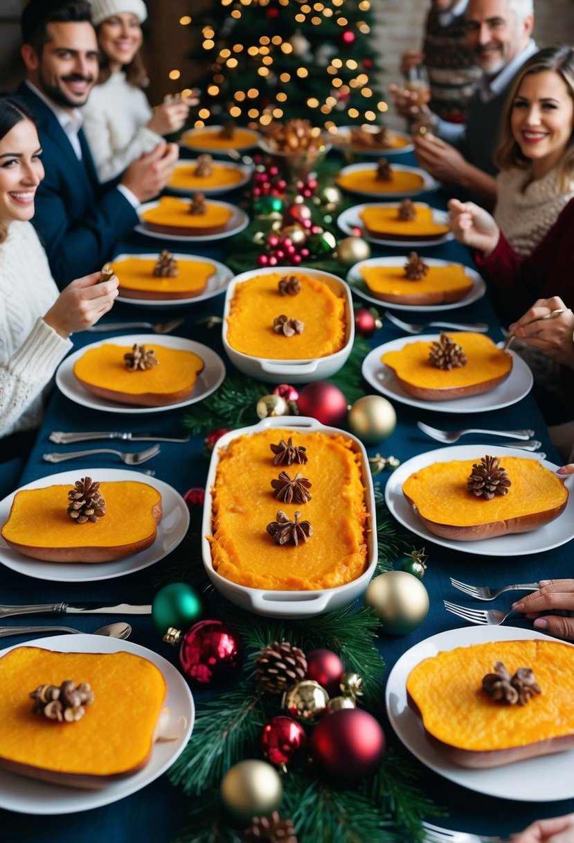 A festive table spread with Butternut Squash Casserole surrounded by holiday decorations and a crowd of people enjoying the Christmas feast