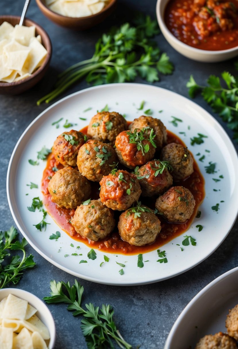 A platter of classic Italian meatballs surrounded by fresh herbs and served with marinara sauce