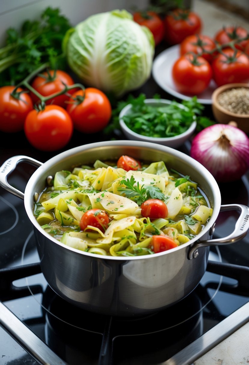 A pot of Italian cabbage stew simmering on a stovetop, surrounded by fresh ingredients like tomatoes, onions, and herbs