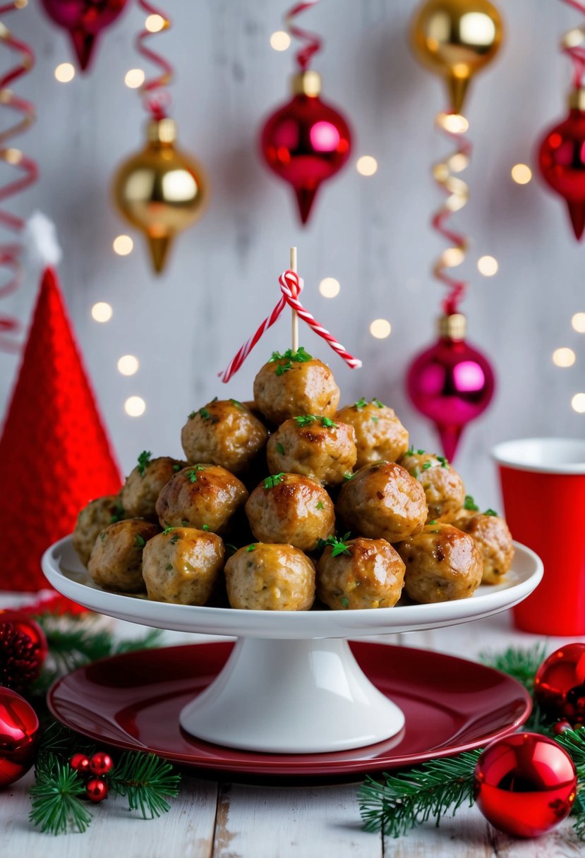 A platter of Swedish cocktail meatballs surrounded by festive party decorations