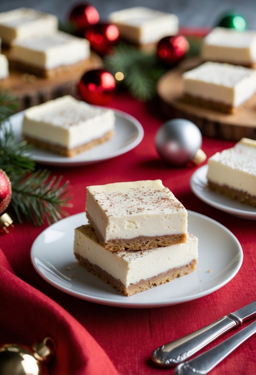 A festive table spread with slices of eggnog cheesecake bars and holiday decorations