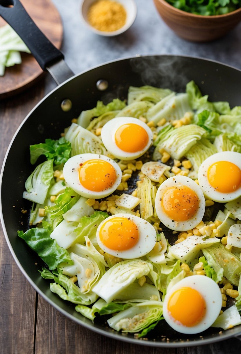 A colorful array of sliced cabbage, eggs, and seasonings mixed together in a sizzling skillet