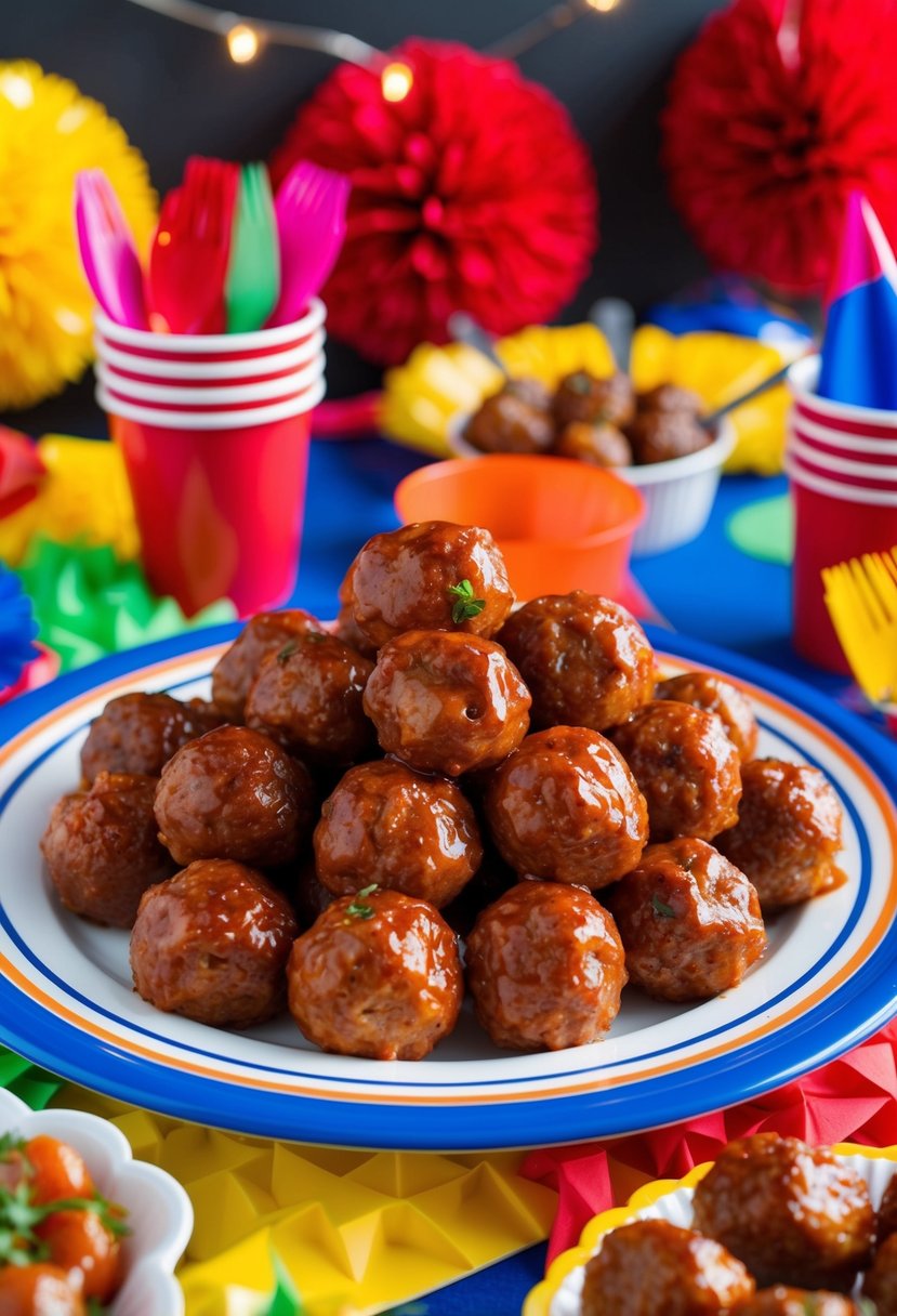 A platter of spicy BBQ meatballs surrounded by party decorations and serving utensils