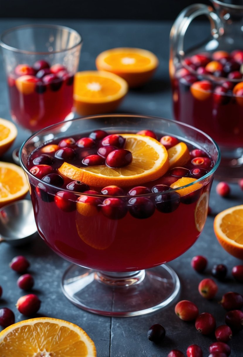 A festive punch bowl surrounded by fresh cranberries and oranges, with a ladle and glasses nearby