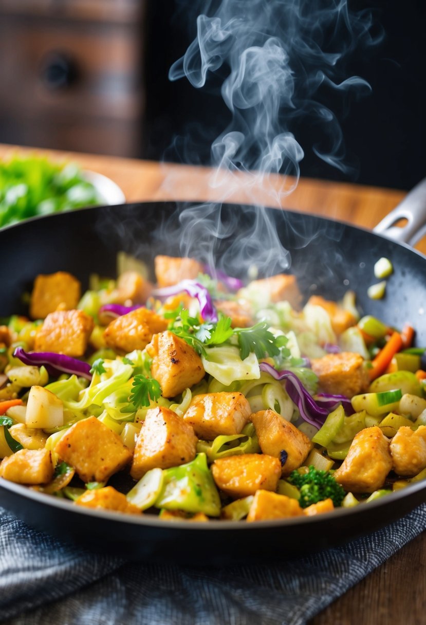 A sizzling pan of colorful stir-fry with chunks of chicken, cabbage, and other veggies, emitting a mouth-watering aroma