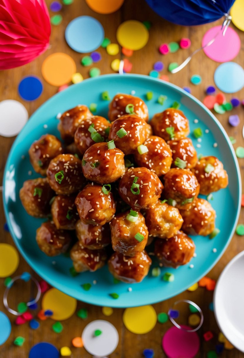 A platter of teriyaki chicken meatballs surrounded by party decorations