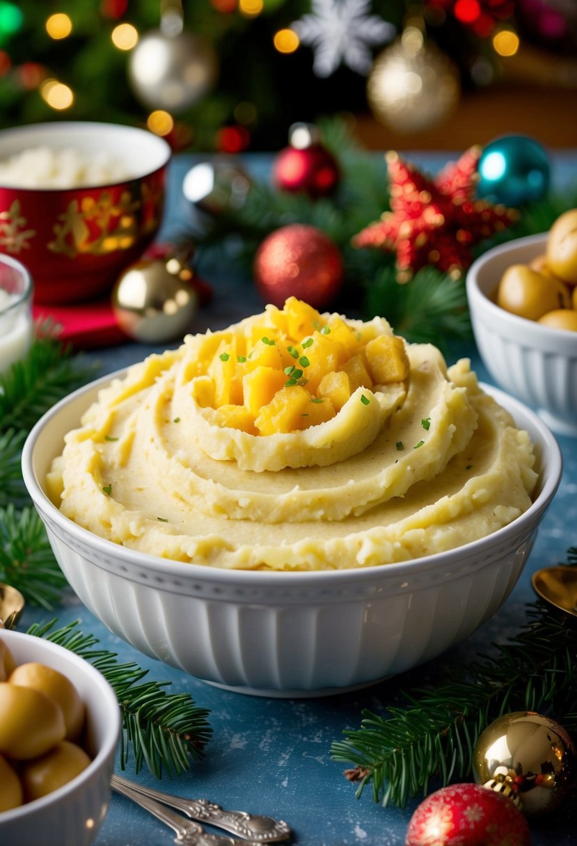 A large serving bowl of creamy garlic mashed potatoes surrounded by festive holiday decorations and a crowd of hungry guests