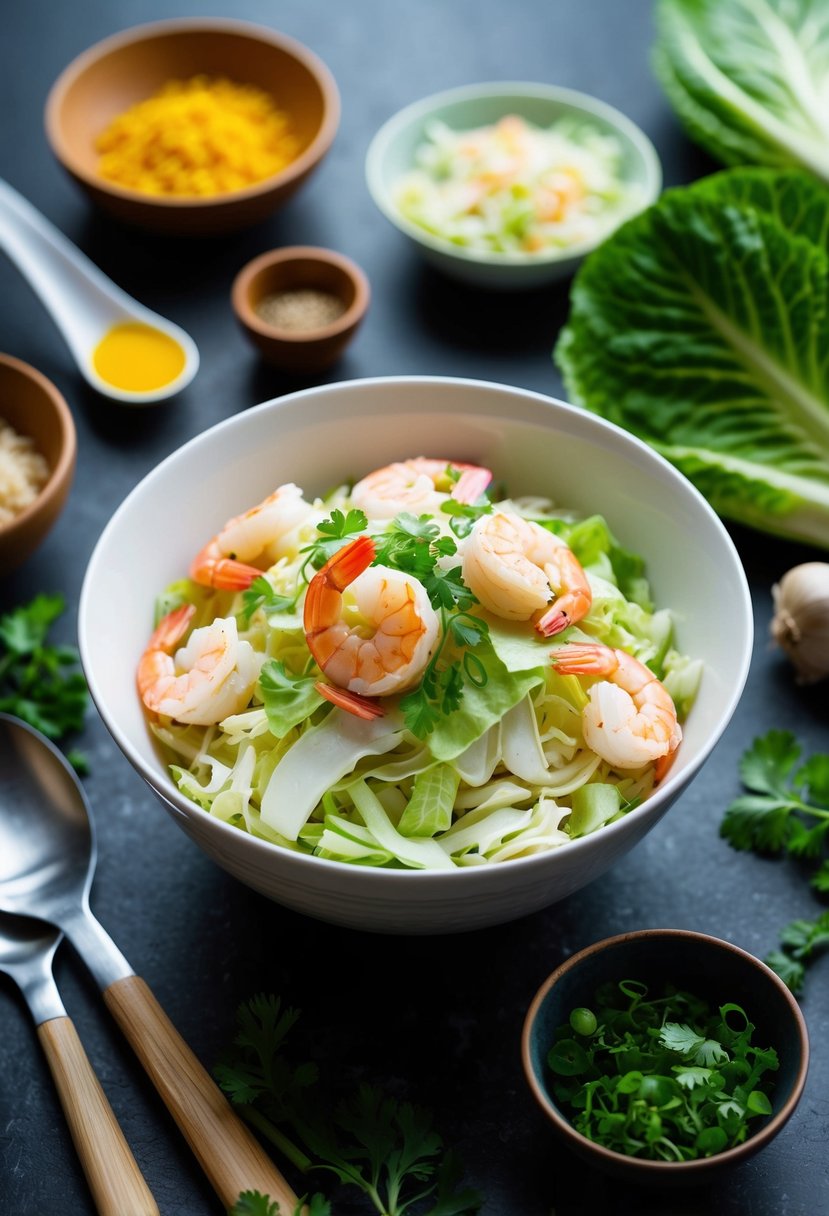 A bowl filled with cabbage and shrimp, surrounded by fresh ingredients and cooking utensils