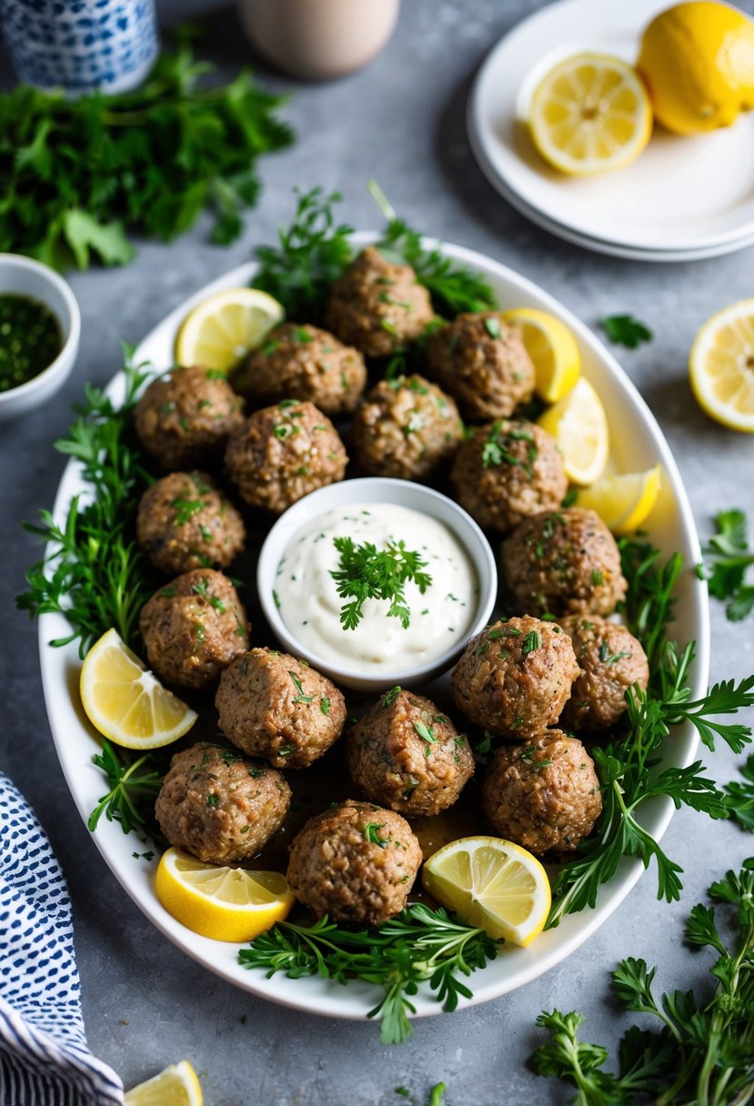 A platter of Greek-style lamb meatballs surrounded by fresh herbs and lemon wedges, ready for a party