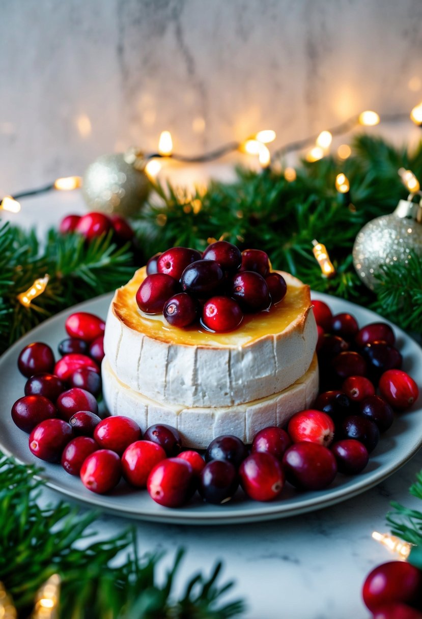 A festive platter of baked brie topped with cranberries and surrounded by holiday greenery and twinkling lights