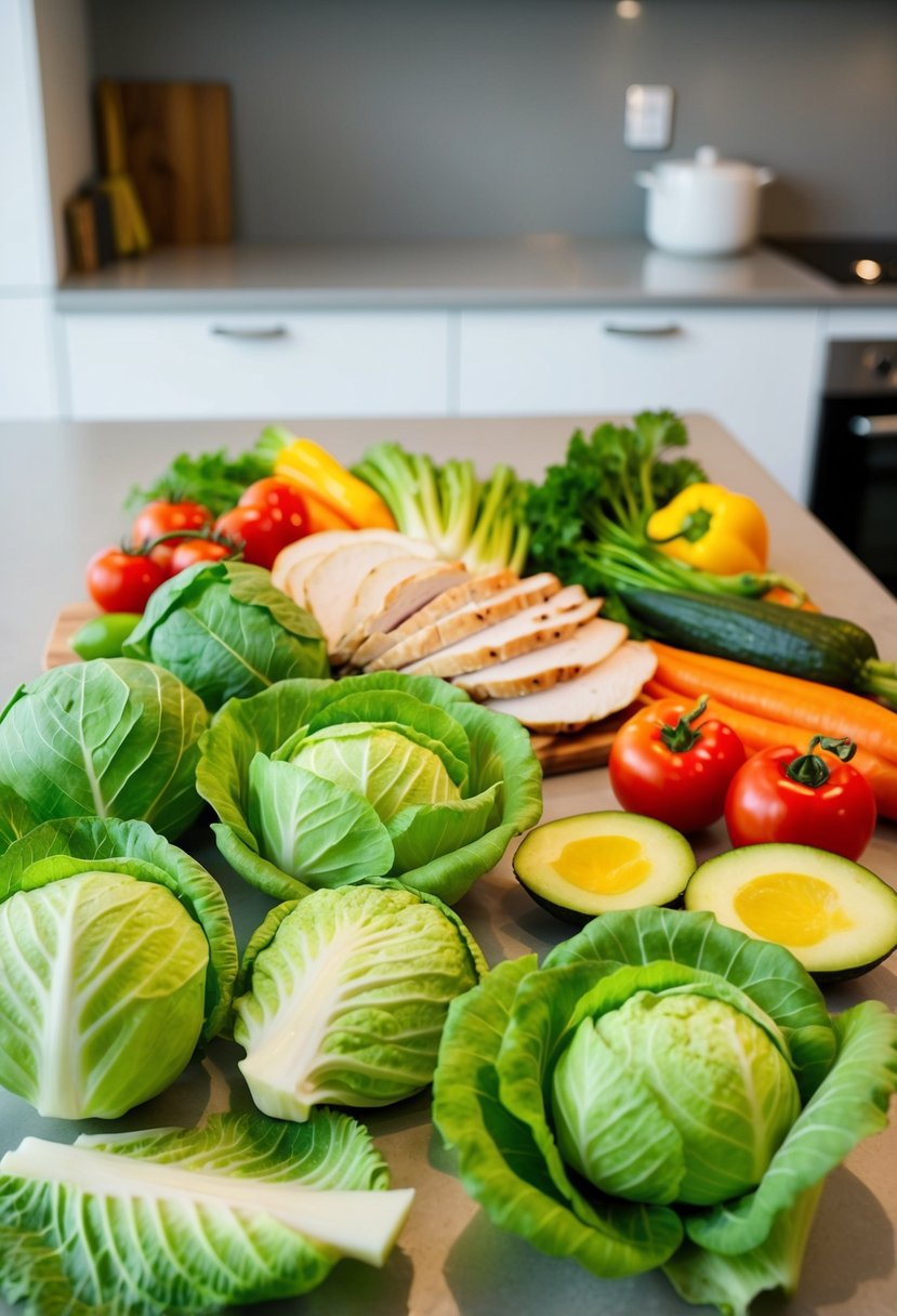 A colorful array of fresh cabbage leaves, sliced turkey, and vibrant vegetables arranged on a clean, modern kitchen countertop