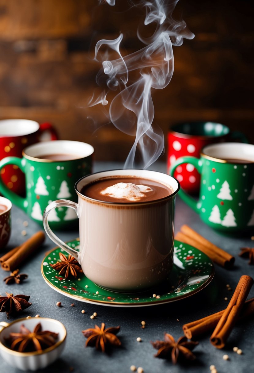 A steaming pot of spiced hot chocolate surrounded by festive mugs and a scattering of cinnamon sticks and star anise