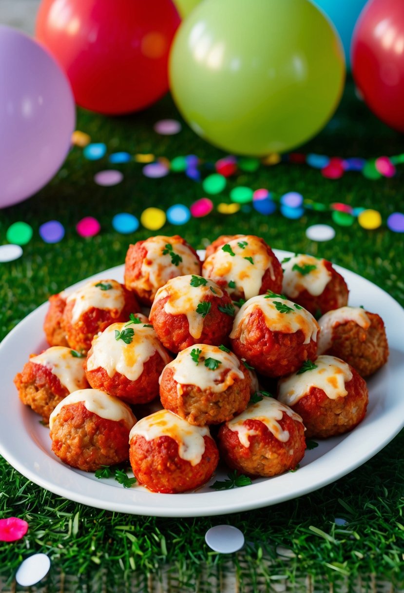 A platter of mozzarella-stuffed meatballs surrounded by party decorations